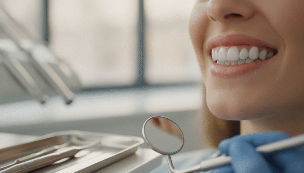 A close-up view of a patient’s upper teeth showcasing the results of Invisalign treatment, focusing on perfectly aligned teeth with clear aligners visibly positioned on the teeth. The foreground features a bright, polished dental office setting with dental tools subtly present. The middle ground should capture the patient’s smile, with their lips slightly parted to highlight the teeth and aligners, portrayed in a professional, confident manner. The background can consist of a softly blurred environment, with gentle lighting that enhances the shine of the teeth and creates a warm, inviting atmosphere. The angle should be slightly from above to emphasize the upper teeth alignment, reflecting a sense of satisfaction and achievement from the treatment. A close-up view of a patient’s upper teeth showcasing the results of Invisalign treatment, focusing on perfectly aligned teeth with clear aligners visibly positioned on the teeth. The foreground features a bright, polished dental office setting with dental tools subtly present. The middle ground should capture the patient’s smile, with their lips slightly parted to highlight the teeth and aligners, portrayed in a professional, confident manner. The background can consist of a softly blurred environment, with gentle lighting that enhances the shine of the teeth and creates a warm, inviting atmosphere. The angle should be slightly from above to emphasize the upper teeth alignment, reflecting a sense of satisfaction and achievement from the treatment.