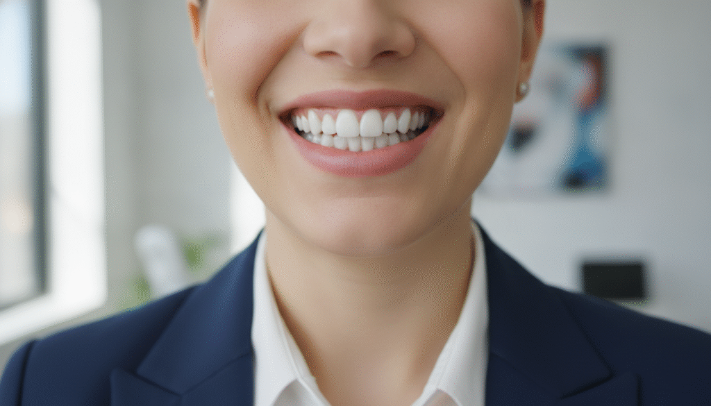 A close-up view of a person smiling confidently while wearing clear Invisalign aligners, showcasing a radiant, white smile. The foreground features the person's mouth, highlighting the aligners and bright teeth. In the middle background, a softly blurred dental clinic environment can be seen, with clean, modern design elements. Soft, natural lighting creates an inviting, fresh atmosphere, emphasizing the health and aesthetics of the teeth. The camera is positioned at eye level to capture an engaging, relatable perspective. The image should convey a positive mood, focusing on dental care and the effectiveness of teeth whitening, while ensuring the individual is dressed in professional business attire. A close-up view of a person smiling confidently while wearing clear Invisalign aligners, showcasing a radiant, white smile. The foreground features the person's mouth, highlighting the aligners and bright teeth. In the middle background, a softly blurred dental clinic environment can be seen, with clean, modern design elements. Soft, natural lighting creates an inviting, fresh atmosphere, emphasizing the health and aesthetics of the teeth. The camera is positioned at eye level to capture an engaging, relatable perspective. The image should convey a positive mood, focusing on dental care and the effectiveness of teeth whitening, while ensuring the individual is dressed in professional business attire.