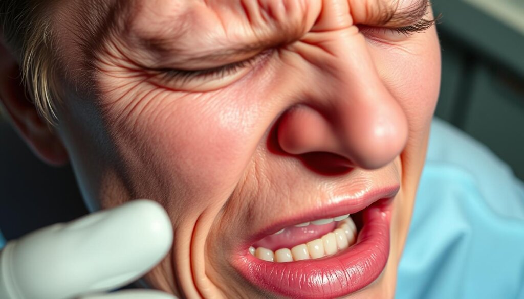 A close-up view of a person's face displaying a pained expression during a root canal procedure. The skin is flushed, the brow is furrowed, and the mouth is slightly open, conveying a sense of discomfort and tension. The lighting is harsh, with strong shadows emphasizing the subject's distress. The background is blurred, keeping the focus on the agonized facial features. The camera angle is slightly tilted, adding a sense of unease and heightening the intensity of the moment. The overall mood is one of acute pain and unpleasantness, capturing the essence of the root canal procedure.