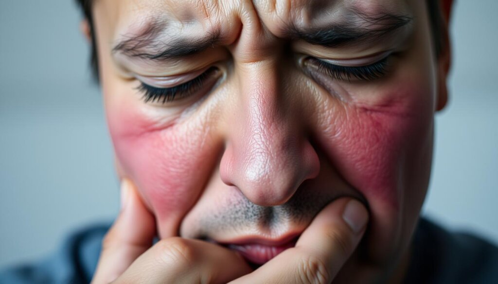 A close-up view of a person's face, eyes closed in discomfort, brow furrowed, cheek swollen with a reddish-purple hue. In the foreground, the person's hand is gently touching their jawline, a pained expression etched on their features. The middle ground is slightly blurred, conveying a sense of focus on the subject's face. The background is a soft, muted palette, creating a sense of isolation and highlighting the individual's distress. The lighting is soft and directional, casting subtle shadows that accentuate the facial details. The overall mood is one of unease and the need for medical attention.