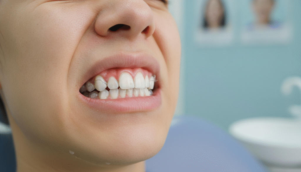 A close-up view of a person's mouth showing clear aligners fitted on their teeth, showcasing a pained expression due to discomfort. In the foreground, focus on the lips slightly parted to reveal the aligners, with a subtle emphasis on the gums which appear irritated and red. The middle ground captures the person's chin and jawline, hinting at tension. The background is softly blurred, featuring an out-of-focus dental clinic environment, suggesting a place of care and concern. The lighting is bright yet soft, creating a clinical atmosphere while highlighting the discomfort in the subject’s expression. The overall mood conveys a sense of unease and the challenges of aligner treatments. A close-up view of a person's mouth showing clear aligners fitted on their teeth, showcasing a pained expression due to discomfort. In the foreground, focus on the lips slightly parted to reveal the aligners, with a subtle emphasis on the gums which appear irritated and red. The middle ground captures the person's chin and jawline, hinting at tension. The background is softly blurred, featuring an out-of-focus dental clinic environment, suggesting a place of care and concern. The lighting is bright yet soft, creating a clinical atmosphere while highlighting the discomfort in the subject’s expression. The overall mood conveys a sense of unease and the challenges of aligner treatments.