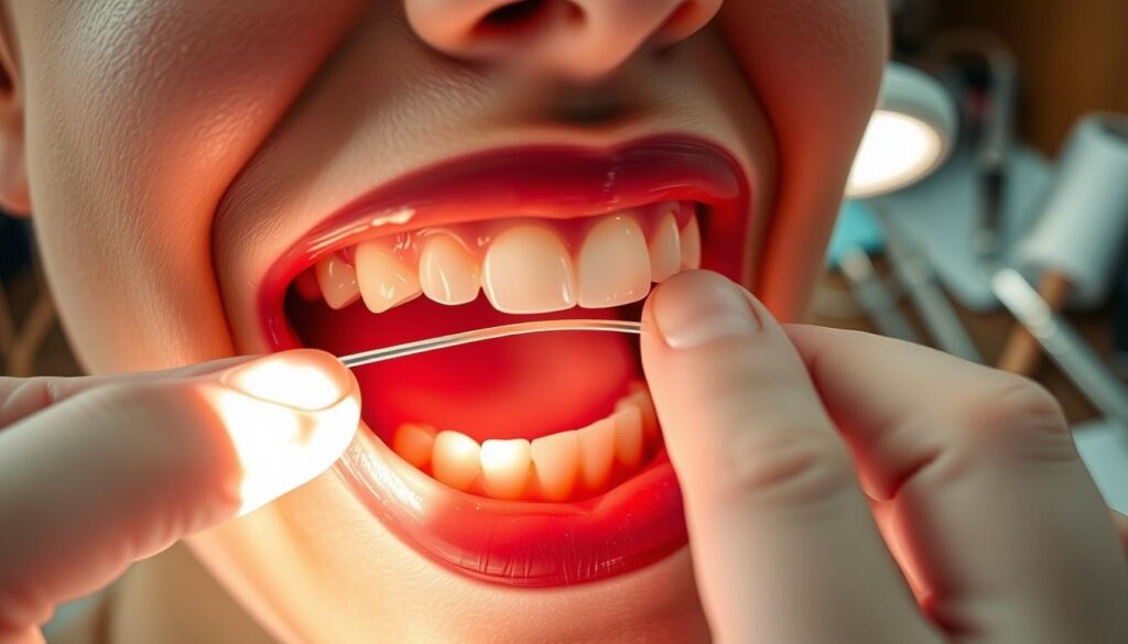 A close-up view of a person's mouth, teeth, and gums, illuminated by soft, warm lighting that highlights the intricate details. In the foreground, a dental hygienist's hands are demonstrating the proper technique for flossing, gently guiding the floss between the teeth. In the middle ground, a mirror reflects the patient's mouth, showcasing the healthy, cavity-free teeth. In the background, various dental tools and instruments are neatly arranged, conveying a sense of professionalism and attention to detail. The overall scene evokes a calming, educational atmosphere, emphasizing the importance of regular dental care and effective cavity prevention techniques.