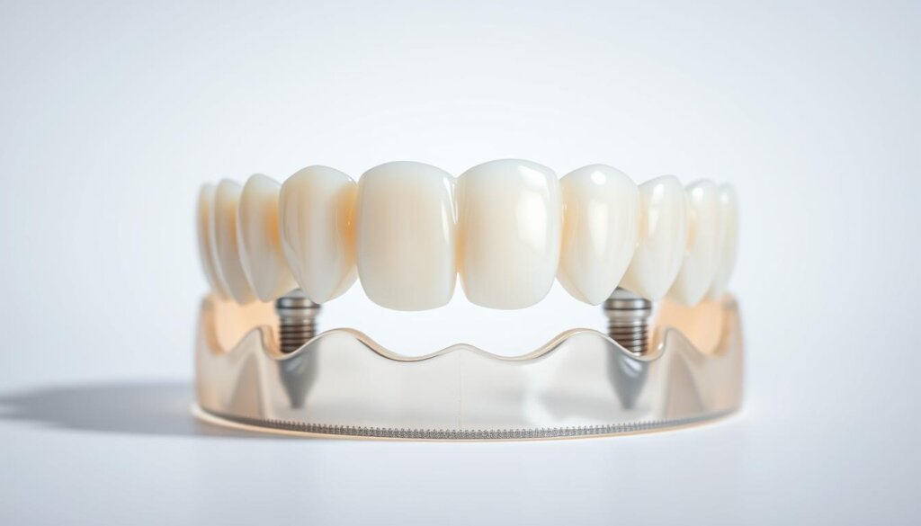 A close-up view of a set of implant-supported dentures, showcased against a clean, minimalist background. The dentures are meticulously crafted, with a natural-looking, pearly white appearance. The implants supporting the dentures are subtly visible, highlighting the secure and stable foundation. Soft, diffused lighting illuminates the scene, casting gentle shadows that accentuate the contours and textures of the dentures. The overall mood is one of sophistication, attention to detail, and the advantages of this dental solution, such as improved chewing function and enhanced facial aesthetics.