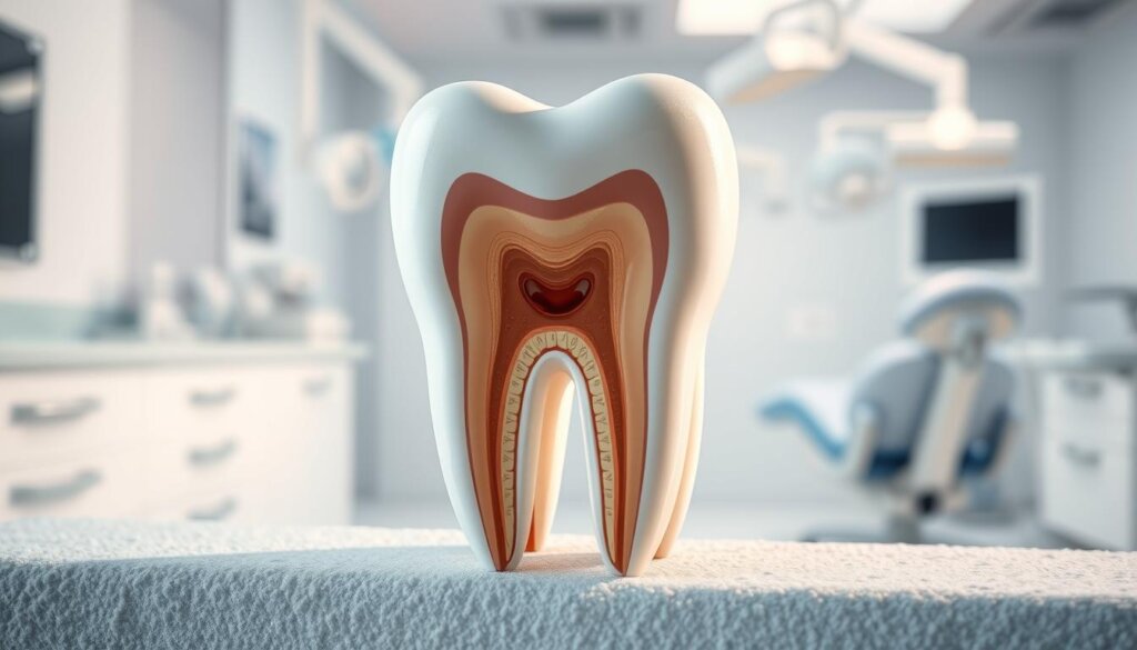 A close-up view of a tooth with a detailed root canal procedure illustration. The tooth is depicted in the center, with intricate cross-sections revealing the inner canals and pulp chamber. The background is a clean, clinical setting with medical instruments and a dental chair in the distance, conveying a sense of professional healthcare. Soft, directional lighting casts subtle shadows, highlighting the textural details of the tooth and the technical complexity of the procedure. The overall mood is one of informative clarity, capturing the essential elements of the root canal treatment process.