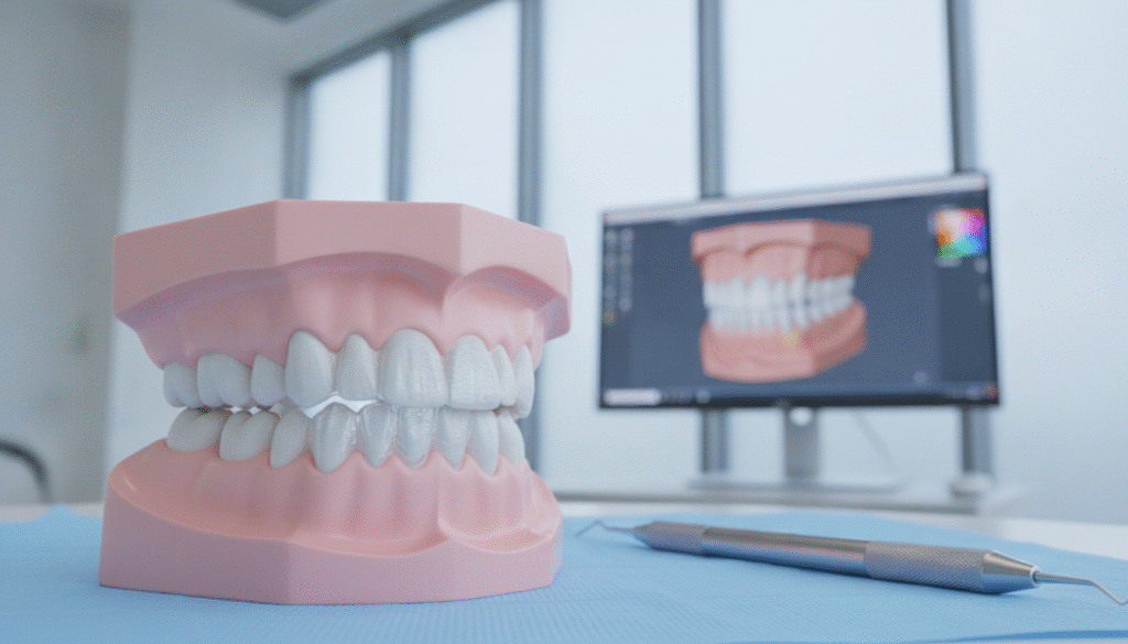 A close-up view of a transparent Invisalign brace gently resting on a soft, pastel-colored dental model. In the foreground, the brace is showcased with intricate details, highlighting its smooth, clear material and precise fit over the model's dental arch. The middle-ground features a well-lit dental office with sophisticated equipment like an orthodontic tool and a computer displaying teeth alignment scans. In the background, soft, diffused lighting creates a calm, professional atmosphere, emphasizing a sense of trust and comfort. The overall mood is serene and informative, designed to convey the effectiveness of Invisalign in alleviating jaw pain and TMJ issues. The scene is devoid of any text, watermarks, or people, focusing solely on the braces and dental model. A close-up view of a transparent Invisalign brace gently resting on a soft, pastel-colored dental model. In the foreground, the brace is showcased with intricate details, highlighting its smooth, clear material and precise fit over the model's dental arch. The middle-ground features a well-lit dental office with sophisticated equipment like an orthodontic tool and a computer displaying teeth alignment scans. In the background, soft, diffused lighting creates a calm, professional atmosphere, emphasizing a sense of trust and comfort. The overall mood is serene and informative, designed to convey the effectiveness of Invisalign in alleviating jaw pain and TMJ issues. The scene is devoid of any text, watermarks, or people, focusing solely on the braces and dental model.