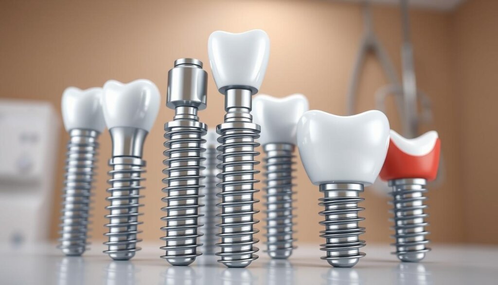 A close-up view of several dental implants, showcasing their key components and benefits. The implants are rendered in high detail, with a clean, clinical aesthetic. The foreground features the titanium posts and abutments, highlighting their durability and natural integration with the jawbone. The middle ground showcases the realistic-looking, custom-crafted crowns, bridges, or dentures attached to the implants, demonstrating their natural appearance and functionality. The background is a softly blurred, neutral-toned medical setting, conveying a sense of professionalism and expertise. Subtle, directional lighting accentuates the implants' form and texture, while a shallow depth of field creates a focused, informative composition.
