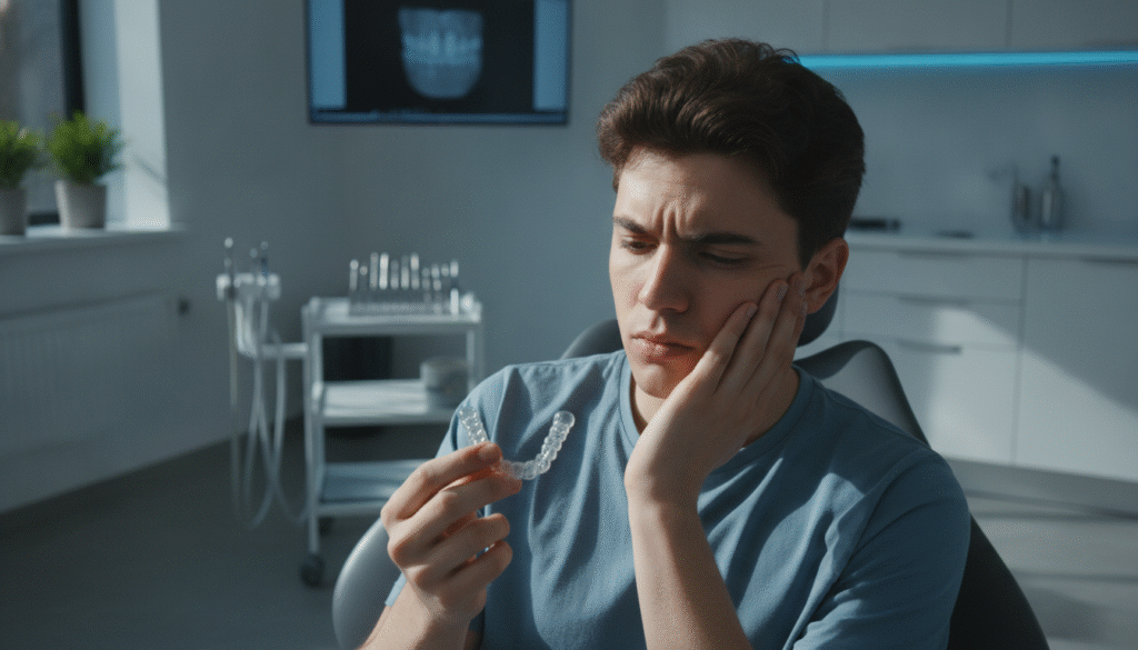A concerned young adult in a modern dental office, gently holding their jaw in discomfort while examining a clear dental aligner in their hand. The foreground shows the aligner glistening under soft, natural light, highlighting its transparent material. The middle layer features the individual sitting in an ergonomic dental chair, their expression a mix of concern and contemplation. In the background, dental equipment is neatly arranged, with calming blue and white tones creating a soothing atmosphere. Natural light filters through a large window, casting gentle shadows. Emphasize a clinical yet inviting mood, allowing viewers to connect with the experience of discomfort caused by dental aligners and the importance of understanding their purpose in orthodontic care. A concerned young adult in a modern dental office, gently holding their jaw in discomfort while examining a clear dental aligner in their hand. The foreground shows the aligner glistening under soft, natural light, highlighting its transparent material. The middle layer features the individual sitting in an ergonomic dental chair, their expression a mix of concern and contemplation. In the background, dental equipment is neatly arranged, with calming blue and white tones creating a soothing atmosphere. Natural light filters through a large window, casting gentle shadows. Emphasize a clinical yet inviting mood, allowing viewers to connect with the experience of discomfort caused by dental aligners and the importance of understanding their purpose in orthodontic care.