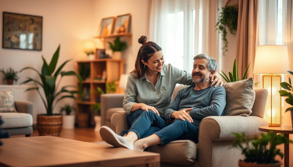 A cozy living room scene with a supportive family member comforting a person experiencing dental anxiety. The room is bathed in warm, soft lighting, creating a calming atmosphere. In the foreground, the person sits on a plush armchair, their body language conveying tension, while a loved one sits beside them, offering a reassuring embrace. Potted plants and natural textures like wood and textiles add a soothing, earthy feel to the space. The room's layout and decor suggest a welcoming, safe environment where the person can find solace and comfort before their dental appointment.