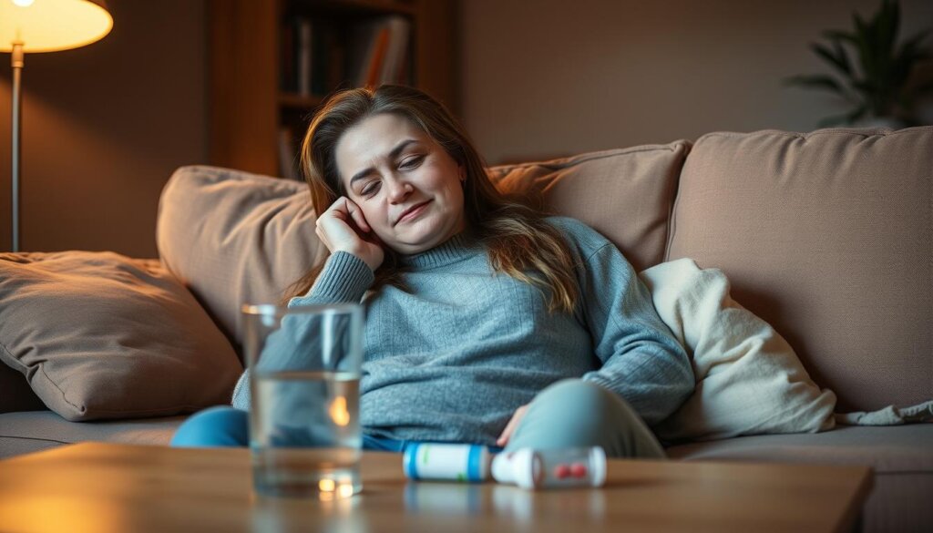 A cozy living room with a person resting on a comfortable sofa, gently holding their cheek. The room is bathed in warm, soft lighting, creating a soothing atmosphere. On the coffee table, a glass of water and some pain medication sit nearby, hinting at the recent root canal procedure. The person's expression conveys a sense of slight discomfort, but also a determination to recover and adapt to their new lifestyle. The background features muted, earthy tones, promoting a sense of calm and relaxation. A bookshelf or potted plant adds a touch of homey charm, further emphasizing the need for a peaceful, restorative environment during the post-root canal healing process.