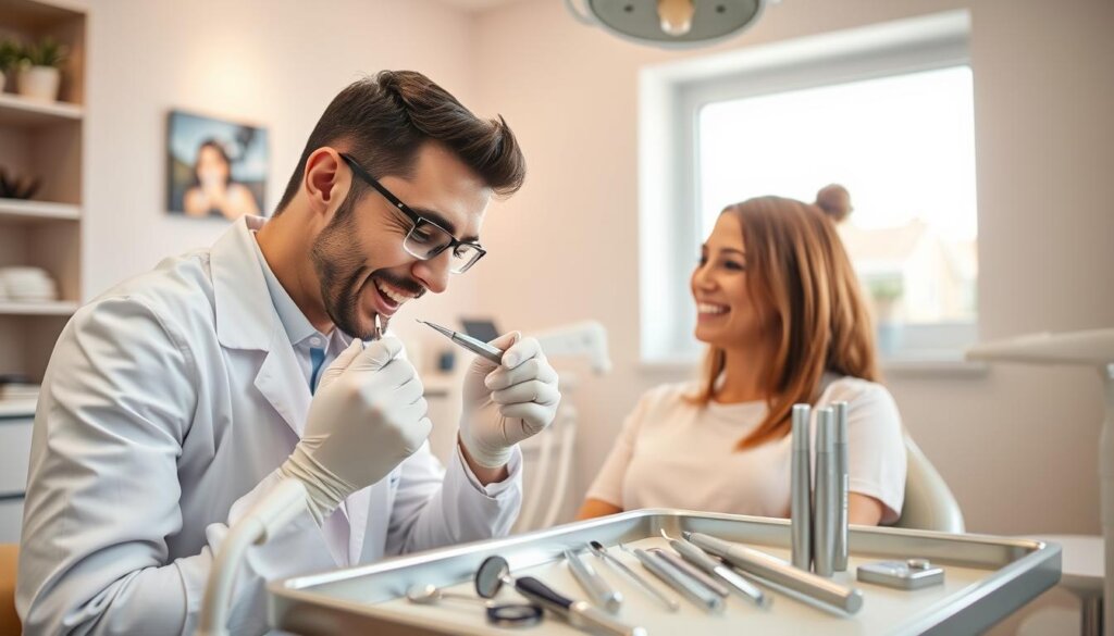 A cozy, well-lit dental office setting. In the foreground, a dentist in a crisp white coat examines a patient's teeth, using a dental mirror and explorer with a focused, professional expression. In the middle ground, various dental tools and instruments are neatly arranged on a tray, conveying a sense of meticulous care. The background features soothing pastel-colored walls, a large window letting in soft, natural light, and a calming, relaxed atmosphere, putting the patient at ease. The scene suggests the dentist's recommendations for optimal dental hygiene and preparation before a visit.