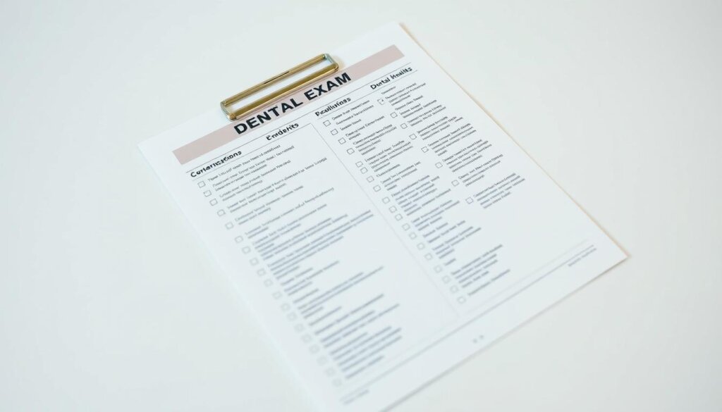 A crisp, well-lit image of a comprehensive dental exam checklist laid out on a clean, neutral-colored surface. The checklist features detailed icons and text neatly organized into sections, covering key aspects of a thorough dental examination, such as oral hygiene, tooth condition, gum health, and any necessary treatments or procedures. The overall composition conveys a sense of professionalism, attention to detail, and the importance of a comprehensive dental evaluation for maintaining optimal oral health.