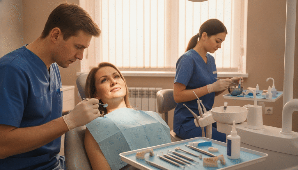 A dental bridge procedure scene featuring a well-lit dental office. In the foreground, a dentist in professional attire carefully examines a patient's mouth while holding dental tools. The patient, seated in a modern dental chair, appears calm and relaxed, with a dental bib on. In the middle ground, a dental assistant is preparing materials for the procedure, looking focused. The background showcases dental equipment and a large window with natural light filtering in, creating a clean and sterile environment. The overall atmosphere is professional and reassuring, emphasizing the intricacy and care involved in dental bridge procedures. The image should capture details like dental tools and the expressions of both the dentist and the patient, with a warm color palette to enhance comfort. A dental bridge procedure scene featuring a well-lit dental office. In the foreground, a dentist in professional attire carefully examines a patient's mouth while holding dental tools. The patient, seated in a modern dental chair, appears calm and relaxed, with a dental bib on. In the middle ground, a dental assistant is preparing materials for the procedure, looking focused. The background showcases dental equipment and a large window with natural light filtering in, creating a clean and sterile environment. The overall atmosphere is professional and reassuring, emphasizing the intricacy and care involved in dental bridge procedures. The image should capture details like dental tools and the expressions of both the dentist and the patient, with a warm color palette to enhance comfort.