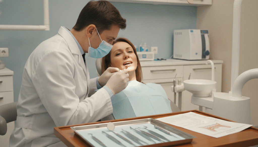 A dental clinic scene focused on immediate tooth replacement after loss, featuring a professional dentist in a white coat and mask, gently examining a patient's mouth while seated in a modern dental chair. In the foreground, dental tools and a patient consultation chart neatly organized on a side table. The middle ground shows the dentist's focused expression, emphasizing care and expertise, with soft lighting highlighting important details. In the background, shelves filled with dental equipment and soothing colors create a calm atmosphere. A close-up angle captures the interaction, with warm, inviting lighting enhancing the mood of reassurance and professionalism, suggesting prompt action and understanding immediately after dental loss. A dental clinic scene focused on immediate tooth replacement after loss, featuring a professional dentist in a white coat and mask, gently examining a patient's mouth while seated in a modern dental chair. In the foreground, dental tools and a patient consultation chart neatly organized on a side table. The middle ground shows the dentist's focused expression, emphasizing care and expertise, with soft lighting highlighting important details. In the background, shelves filled with dental equipment and soothing colors create a calm atmosphere. A close-up angle captures the interaction, with warm, inviting lighting enhancing the mood of reassurance and professionalism, suggesting prompt action and understanding immediately after dental loss.