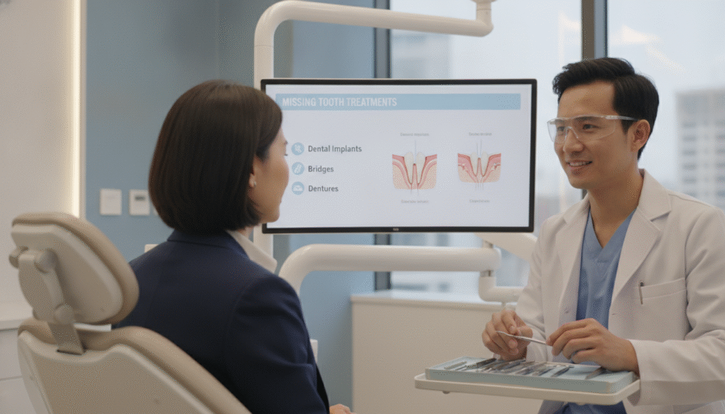 A dental clinic setting featuring a close-up view of a patient seated in a dental chair, looking contemplatively at a digital screen displaying a visual guide about missing tooth treatments. In the foreground, the patient is dressed in professional business attire, calmly engaging with the information. In the middle ground, a friendly dentist, wearing a white coat and safety glasses, is preparing dental tools while ensuring a warm smile. The background showcases a clean, modern dental office with soothing colors and soft lighting, creating a reassuring atmosphere. The angle captures the interaction between the patient and dentist, highlighting the importance of timely dental care after tooth loss. The mood is informative yet comforting, emphasizing professionalism and care. A dental clinic setting featuring a close-up view of a patient seated in a dental chair, looking contemplatively at a digital screen displaying a visual guide about missing tooth treatments. In the foreground, the patient is dressed in professional business attire, calmly engaging with the information. In the middle ground, a friendly dentist, wearing a white coat and safety glasses, is preparing dental tools while ensuring a warm smile. The background showcases a clean, modern dental office with soothing colors and soft lighting, creating a reassuring atmosphere. The angle captures the interaction between the patient and dentist, highlighting the importance of timely dental care after tooth loss. The mood is informative yet comforting, emphasizing professionalism and care.