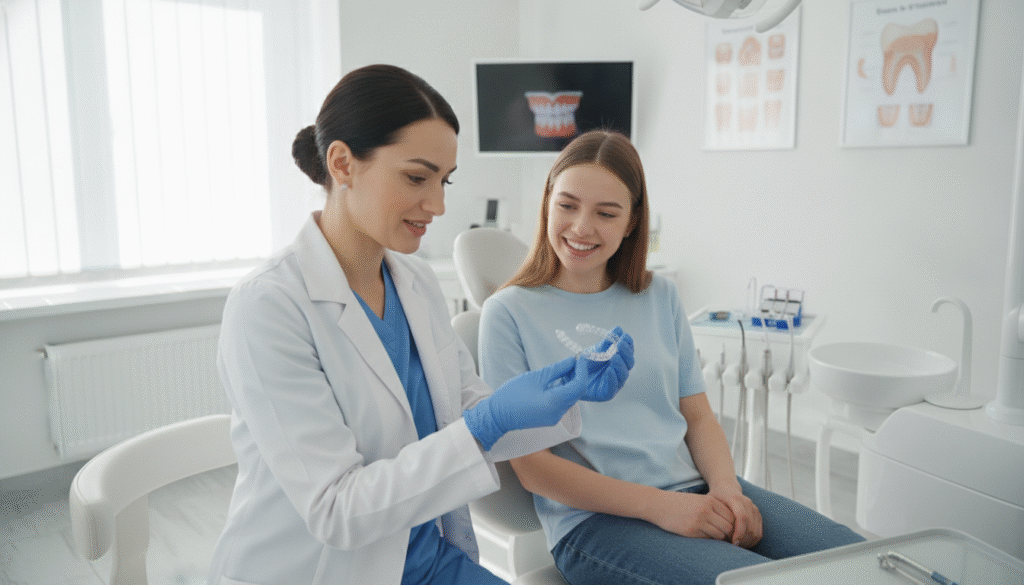 A dental professional in a modern, bright clinic, wearing a white coat and gloves, demonstrating Invisalign aligners to a smiling patient seated in a dental chair. The patient, a young adult, is attentively observing the aligners held by the dentist. Surrounding them is a clean, well-lit office environment with dental tools and charts on the walls, and sunlight filtering through a large window, creating a welcoming atmosphere. The focus is on the interaction, with the dentist pointing to the aligners to emphasize their features, while the patient’s expression shows enthusiasm and curiosity. The shot is slightly angled to capture both characters and their conversation, conveying a sense of professionalism and comfort. A dental professional in a modern, bright clinic, wearing a white coat and gloves, demonstrating Invisalign aligners to a smiling patient seated in a dental chair. The patient, a young adult, is attentively observing the aligners held by the dentist. Surrounding them is a clean, well-lit office environment with dental tools and charts on the walls, and sunlight filtering through a large window, creating a welcoming atmosphere. The focus is on the interaction, with the dentist pointing to the aligners to emphasize their features, while the patient’s expression shows enthusiasm and curiosity. The shot is slightly angled to capture both characters and their conversation, conveying a sense of professionalism and comfort.