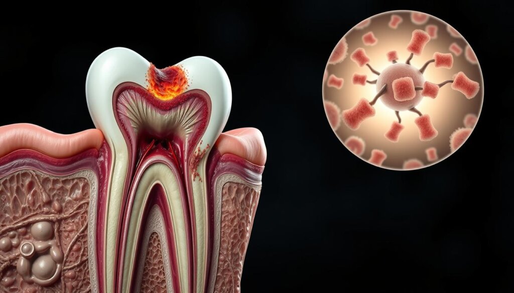 A detailed anatomical illustration showcasing the inner workings of a tooth afflicted by infection and nerve damage. The foreground depicts the tooth in cross-section, revealing the pulp cavity, nerves, and blood vessels. Surrounding tissues are inflamed, with the gums and bone structure shown in muted tones. The middle ground highlights the progression of the infection, with discoloration and swelling visible. In the background, a softly-lit microscopic view captures the destructive cellular processes at the site of the infection. The overall mood is one of clinical precision, guiding the viewer through the intricate pathology of a compromised tooth. A detailed anatomical illustration showcasing the inner workings of a tooth afflicted by infection and nerve damage. The foreground depicts the tooth in cross-section, revealing the pulp cavity, nerves, and blood vessels. Surrounding tissues are inflamed, with the gums and bone structure shown in muted tones. The middle ground highlights the progression of the infection, with discoloration and swelling visible. In the background, a softly-lit microscopic view captures the destructive cellular processes at the site of the infection. The overall mood is one of clinical precision, guiding the viewer through the intricate pathology of a compromised tooth.