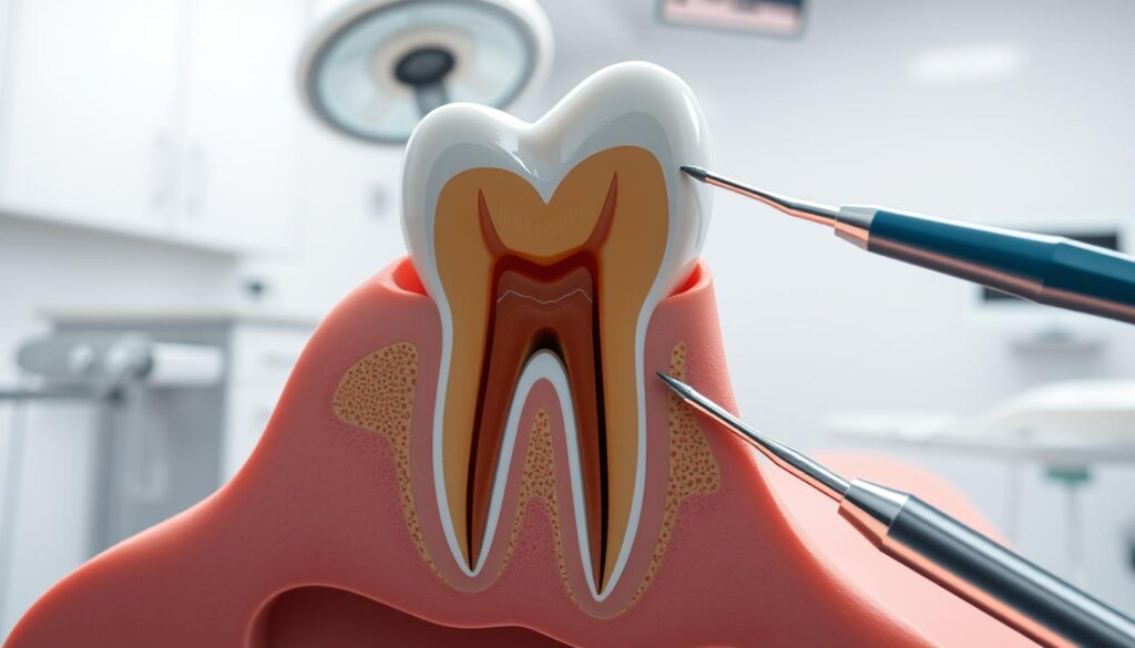 A detailed and anatomically accurate cross-section of a human tooth undergoing a root canal procedure. In the foreground, the tooth's intricate internal structure is meticulously rendered, showcasing the pulp chamber, root canals, and surrounding dentin and enamel layers. The middle ground depicts the dentist's tools, including a dental mirror, endodontic files, and a rotary instrument, delicately working to remove the infected or inflamed pulp. The background features a clean, well-lit dental operatory, with a neutral color palette and minimal distractions, creating a clinical and professional atmosphere. The overall scene conveys a sense of precision, expertise, and the technical nature of the root canal process.