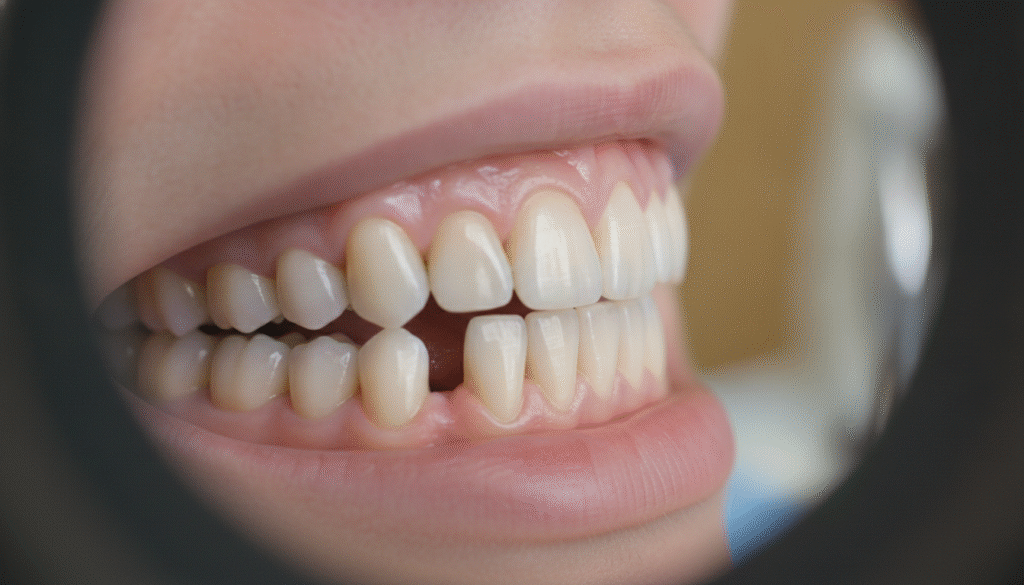 A detailed close-up view of a human mouth showcasing dental alignment issues, focusing on teeth with noticeable gaps and misalignments. In the foreground, highlight one tooth noticeably out of place, emphasizing the contrast with well-aligned neighboring teeth. In the middle, display an array of teeth with varying degrees of crowding and spacing, illustrating the consequences of leaving gaps untreated. The background should be softly blurred to keep the focus on the dental structure, using soft, natural lighting to create a clinical yet approachable atmosphere. The overall mood should convey a sense of concern and curiosity about dental health. The perspective should be slightly angled to enhance depth, as if viewed through a dental examination lens. A detailed close-up view of a human mouth showcasing dental alignment issues, focusing on teeth with noticeable gaps and misalignments. In the foreground, highlight one tooth noticeably out of place, emphasizing the contrast with well-aligned neighboring teeth. In the middle, display an array of teeth with varying degrees of crowding and spacing, illustrating the consequences of leaving gaps untreated. The background should be softly blurred to keep the focus on the dental structure, using soft, natural lighting to create a clinical yet approachable atmosphere. The overall mood should convey a sense of concern and curiosity about dental health. The perspective should be slightly angled to enhance depth, as if viewed through a dental examination lens.