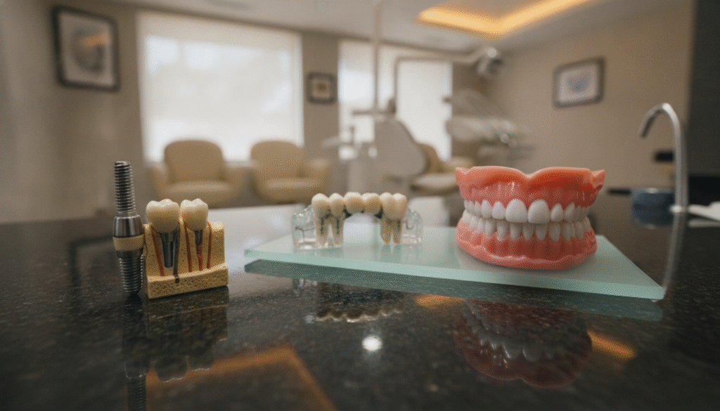 A detailed comparison of dental procedures featuring three distinct sections: in the foreground, a dental implant model displayed on a polished countertop with a soft spotlight highlighting its unique features. In the middle, a dental bridge elegantly positioned beside a realistic set of dentures, showcasing their structural differences. The background features a blurred dental clinic environment with warm, inviting lighting to create a professional atmosphere. The scene is captured with a shallow depth of field, emphasizing the dental models. The overall mood is informative and professional, conveying the essence of dental care and patient education, without any text, captions, or human subjects present. A detailed comparison of dental procedures featuring three distinct sections: in the foreground, a dental implant model displayed on a polished countertop with a soft spotlight highlighting its unique features. In the middle, a dental bridge elegantly positioned beside a realistic set of dentures, showcasing their structural differences. The background features a blurred dental clinic environment with warm, inviting lighting to create a professional atmosphere. The scene is captured with a shallow depth of field, emphasizing the dental models. The overall mood is informative and professional, conveying the essence of dental care and patient education, without any text, captions, or human subjects present.