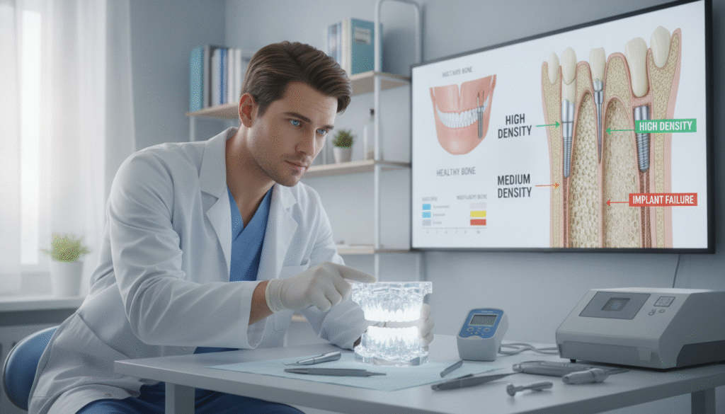 A detailed cross-section of a human jawbone illustrating various levels of bone density, focusing on areas affecting dental implants. In the foreground, include a professional dental implant specialist examining the jaw structure with a 3D model, dressed in a clean white lab coat. In the middle ground, display medical tools and diagrams showing the correlating bone density levels, with a focus on healthy versus insufficient bone density. The background should feature a softly lit, modern dental office setting with shelves of dental books and equipment. The lighting should be bright but soft, creating a calm and informative atmosphere, captured from a slightly elevated angle to provide a comprehensive view of the subject. A detailed cross-section of a human jawbone illustrating various levels of bone density, focusing on areas affecting dental implants. In the foreground, include a professional dental implant specialist examining the jaw structure with a 3D model, dressed in a clean white lab coat. In the middle ground, display medical tools and diagrams showing the correlating bone density levels, with a focus on healthy versus insufficient bone density. The background should feature a softly lit, modern dental office setting with shelves of dental books and equipment. The lighting should be bright but soft, creating a calm and informative atmosphere, captured from a slightly elevated angle to provide a comprehensive view of the subject.