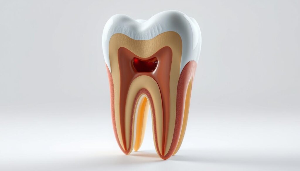 A detailed cross-section of a human tooth, showcasing its intricate anatomical structure. The tooth is rendered in high-resolution, with a crisp, clean, and informative style. The image should clearly depict the enamel, dentin, pulp chamber, and root canal, highlighting the key features of dental anatomy. The tooth is illuminated by soft, directional lighting, casting subtle shadows that enhance the depth and dimensionality of the subject. The perspective is slightly angled, providing a clear and comprehensive view of the tooth's internal and external components. The background is minimalist and neutral, allowing the tooth's structure to be the primary focus of the image.