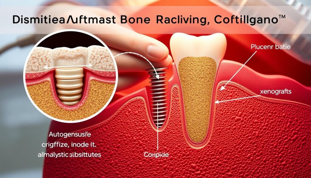 A detailed cross-section of dental implant bone graft options, showcasing the various materials and techniques used to enhance bone density prior to implant placement. The foreground features a magnified view of the implant site, with layers of grafting materials such as autogenous bone, xenografts, and alloplastic substitutes meticulously depicted. The middle ground presents the surgical procedure, with a dentist's hands delicately manipulating the graft materials. The background subtly suggests the oral cavity, with a sense of clinical precision and attention to detail. Warm, neutral lighting illuminates the scene, emphasizing the technical nature of the procedure and the importance of bone density in achieving successful dental implant outcomes.