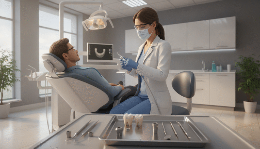 A detailed dental bridge process illustration, featuring a dentist in professional attire, standing beside a patient seated in a modern dental chair. In the foreground, showcase the dental tools, such as dental crowns and abutments, arranged neatly on a sterile tray. The middle section should capture the dentist gently preparing the patient's teeth, using precision instruments, while the patient appears calm and relaxed. In the background, depict an organized dental clinic with soft, ambient lighting that highlights the professionalism of the environment. The angle should be slightly elevated to provide a clear view of the dental process, creating an informative yet serene atmosphere. A detailed dental bridge process illustration, featuring a dentist in professional attire, standing beside a patient seated in a modern dental chair. In the foreground, showcase the dental tools, such as dental crowns and abutments, arranged neatly on a sterile tray. The middle section should capture the dentist gently preparing the patient's teeth, using precision instruments, while the patient appears calm and relaxed. In the background, depict an organized dental clinic with soft, ambient lighting that highlights the professionalism of the environment. The angle should be slightly elevated to provide a clear view of the dental process, creating an informative yet serene atmosphere.