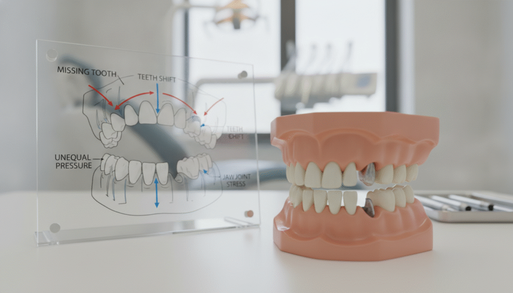 A detailed dental illustration showing the impact of bite misalignment due to a missing tooth. In the foreground, depict a realistic human jaw with a visible gap where a tooth is missing, highlighting the misalignment of adjacent teeth. The middle ground features a dental diagram illustrating the bite dynamics, with arrows indicating how the missing tooth affects the overall alignment and pressure distribution. In the background, a soft focus of a dental office, creating a professional atmosphere. Use natural lighting to enhance the clarity of the details, with a close-up perspective that emphasizes the contrast between the misaligned teeth and the healthy ones. Aim for a calm, informative mood, suitable for educational purposes. A detailed dental illustration showing the impact of bite misalignment due to a missing tooth. In the foreground, depict a realistic human jaw with a visible gap where a tooth is missing, highlighting the misalignment of adjacent teeth. The middle ground features a dental diagram illustrating the bite dynamics, with arrows indicating how the missing tooth affects the overall alignment and pressure distribution. In the background, a soft focus of a dental office, creating a professional atmosphere. Use natural lighting to enhance the clarity of the details, with a close-up perspective that emphasizes the contrast between the misaligned teeth and the healthy ones. Aim for a calm, informative mood, suitable for educational purposes.
