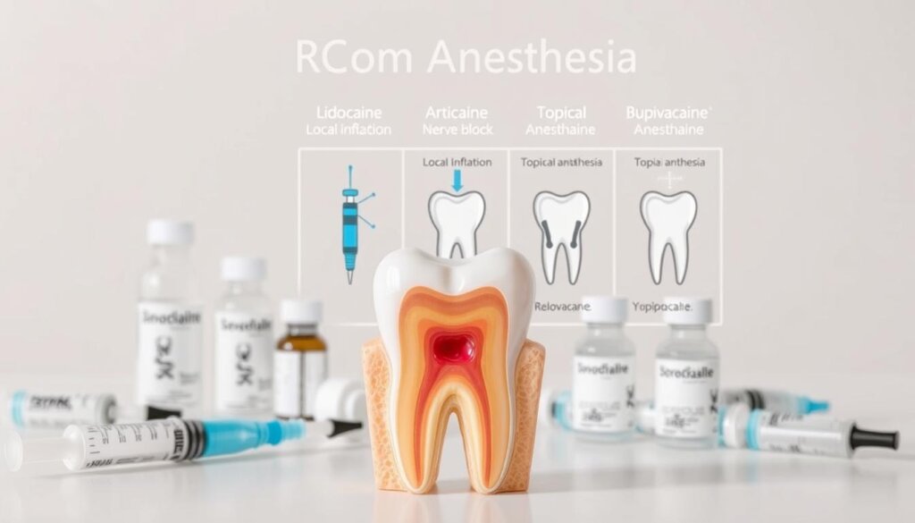 A detailed diagram showcasing the various types of anesthesia used for root canal procedures. In the foreground, a close-up view of a molar tooth with a cutaway section revealing the inner root canal structure. Surrounding the tooth, a selection of syringes, vials, and anesthetic agents commonly employed, such as lidocaine, articaine, and bupivacaine. In the middle ground, a series of illustrated diagrams highlighting the different anesthesia techniques, including local infiltration, nerve block, and topical anesthesia. The background features a clean, clinical setting with soft, even lighting to convey a sense of medical professionalism and precision. The overall composition emphasizes the importance of thorough anesthesia for ensuring a comfortable and pain-free root canal treatment.