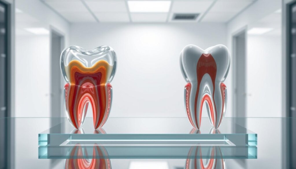 A detailed illustration depicting a side-by-side comparison of a root canal procedure and a tooth extraction. In the foreground, a transparent glass surface holds two transparent 3D models - one showing the intricate inner workings of a tooth undergoing a root canal, the other displaying the extracted tooth. The background features a clean, clinical environment with sterile white walls and bright, even lighting from overhead. The scene conveys a sense of medical precision and the patient's decision-making process between these two common dental treatment options.