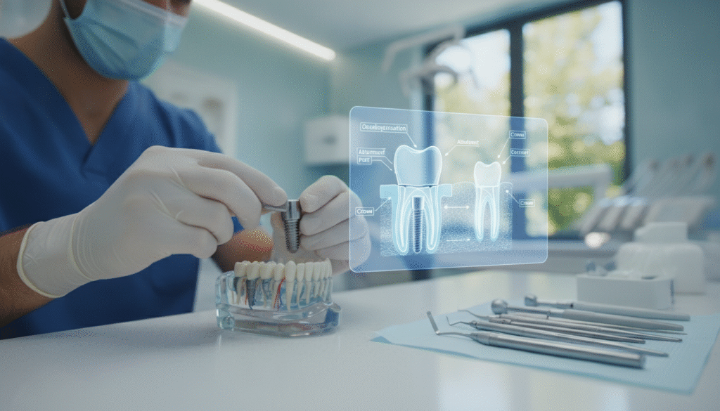 A detailed illustration of a dental implant procedure, focusing on a well-lit dental office environment. In the foreground, a dentist in professional attire, wearing a mask and gloves, is gently placing a dental implant into a model of a jawbone, showcasing the intricacies of the implant. The middle layer features a transparent diagram overlay of the anatomy of a tooth, highlighting the dental implant's position and structure. In the background, calming colors and soft lighting contribute to a soothing atmosphere, with dental tools neatly arranged on a counter and a window showing a serene outdoor view. The overall mood is informative and reassuring, emphasizing the benefits of dental implants in a professional, educational context. A detailed illustration of a dental implant procedure, focusing on a well-lit dental office environment. In the foreground, a dentist in professional attire, wearing a mask and gloves, is gently placing a dental implant into a model of a jawbone, showcasing the intricacies of the implant. The middle layer features a transparent diagram overlay of the anatomy of a tooth, highlighting the dental implant's position and structure. In the background, calming colors and soft lighting contribute to a soothing atmosphere, with dental tools neatly arranged on a counter and a window showing a serene outdoor view. The overall mood is informative and reassuring, emphasizing the benefits of dental implants in a professional, educational context.