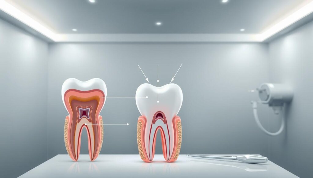 A detailed illustration of a root canal procedure, showcasing the localized symptoms and conditions that may necessitate such treatment. In the foreground, a cross-sectional view of a tooth, highlighting the pulp chamber and root canals. The middle ground depicts the tools and instruments used during the procedure, such as dental files, irrigators, and root canal sealers. The background features a minimalist, clinical setting with soft, diffused lighting, conveying a sense of professionalism and medical precision. The overall atmosphere is one of technical expertise, highlighting the importance of recognizing the key symptoms that lead to a root canal intervention.