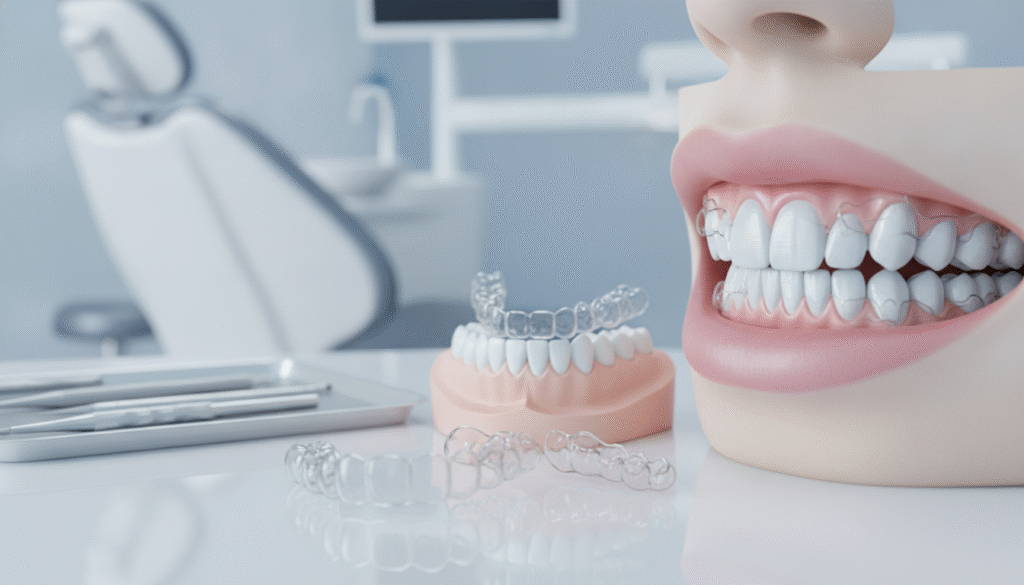 A detailed illustration of an Invisalign treatment overview, featuring a close-up view of an open mouth displaying upper and lower teeth with clear aligners in place. In the foreground, include a realistic representation of the aligners, highlighting their transparent material and fit. The middle ground shows a dental model with teeth arranged neatly, illustrating the correct positioning of aligners. In the background, soft dental office elements like a modern chair and dental tools softly blurred to enhance focus on the aligners. The lighting is bright and clinical, with a soft shadow to add depth. This image conveys a professional and informative atmosphere, suitable for understanding the Invisalign treatment process, emphasizing clarity and precision without any text or overlays. A detailed illustration of an Invisalign treatment overview, featuring a close-up view of an open mouth displaying upper and lower teeth with clear aligners in place. In the foreground, include a realistic representation of the aligners, highlighting their transparent material and fit. The middle ground shows a dental model with teeth arranged neatly, illustrating the correct positioning of aligners. In the background, soft dental office elements like a modern chair and dental tools softly blurred to enhance focus on the aligners. The lighting is bright and clinical, with a soft shadow to add depth. This image conveys a professional and informative atmosphere, suitable for understanding the Invisalign treatment process, emphasizing clarity and precision without any text or overlays.