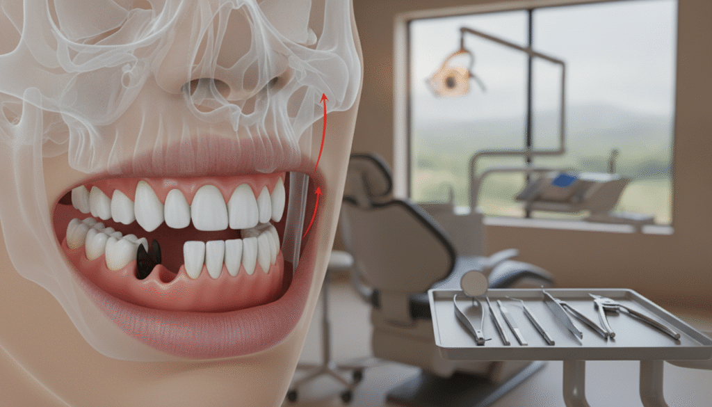 A detailed illustration of dental bite problems focusing on the human jaw. In the foreground, highlight an open mouth showing uneven teeth and a missing molar, emphasizing the gap. In the middle, depict a 3D anatomical model of the human skull with detailed dental alignment, showcasing how misalignment affects jaw movement. In the background, present a soft-focus dental clinic environment, featuring dental tools and a comforting atmosphere with gentle, warm lighting. Use a close-up angle to create an intimate yet educational feel. The image should convey a serious tone that underscores the importance of dental health and proper bite function without any distractions or text. A detailed illustration of dental bite problems focusing on the human jaw. In the foreground, highlight an open mouth showing uneven teeth and a missing molar, emphasizing the gap. In the middle, depict a 3D anatomical model of the human skull with detailed dental alignment, showcasing how misalignment affects jaw movement. In the background, present a soft-focus dental clinic environment, featuring dental tools and a comforting atmosphere with gentle, warm lighting. Use a close-up angle to create an intimate yet educational feel. The image should convey a serious tone that underscores the importance of dental health and proper bite function without any distractions or text.
