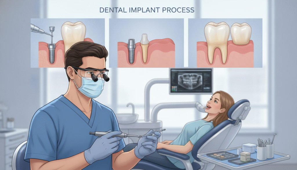 A detailed illustration of the dental implant process, showcasing three distinct stages. In the foreground, a close-up view of a dentist in professional attire, gently holding a dental implant tool, demonstrating precision. In the middle ground, a patient seated in a dental chair, with an open mouth revealing the implant procedure in progress, portrayed with respect and professionalism. The background features a well-lit dental office, with modern equipment and tools subtly visible to indicate a clinical setting. Soft, natural lighting creates a calm atmosphere, emphasizing a sense of trust and safety. The overall mood should be informative and reassuring, capturing the essence of a professional dental environment. A detailed illustration of the dental implant process, showcasing three distinct stages. In the foreground, a close-up view of a dentist in professional attire, gently holding a dental implant tool, demonstrating precision. In the middle ground, a patient seated in a dental chair, with an open mouth revealing the implant procedure in progress, portrayed with respect and professionalism. The background features a well-lit dental office, with modern equipment and tools subtly visible to indicate a clinical setting. Soft, natural lighting creates a calm atmosphere, emphasizing a sense of trust and safety. The overall mood should be informative and reassuring, capturing the essence of a professional dental environment.