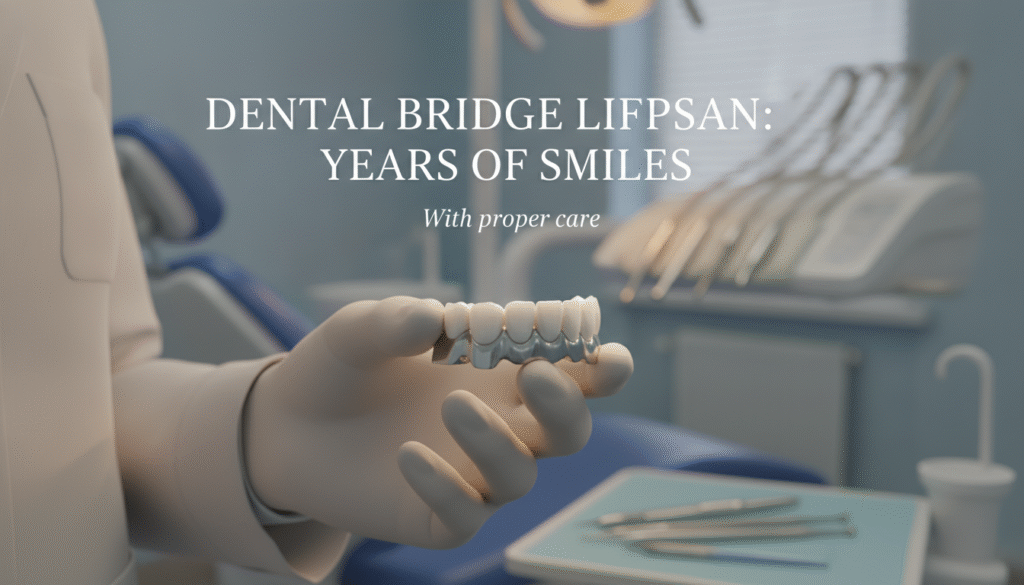 A detailed illustration representing the concept of a dental bridge's lifespan. In the foreground, showcase a close-up of a realistic dental bridge, highlighting its materials and structure, such as porcelain and metal. The middle ground features a dentist's hand, professionally attired in a white coat, gently holding the dental bridge, conveying care and expertise. In the background, a softly blurred dental clinic setting with dental tools and a patient chair creates a professional atmosphere. The lighting is warm and inviting, emphasizing the dental bridge's glossy finish and the dentist's focused demeanor. The angle is slightly tilted, offering a dynamic view, while the overall mood conveys reassurance and professionalism related to dental health. A detailed illustration representing the concept of a dental bridge's lifespan. In the foreground, showcase a close-up of a realistic dental bridge, highlighting its materials and structure, such as porcelain and metal. The middle ground features a dentist's hand, professionally attired in a white coat, gently holding the dental bridge, conveying care and expertise. In the background, a softly blurred dental clinic setting with dental tools and a patient chair creates a professional atmosphere. The lighting is warm and inviting, emphasizing the dental bridge's glossy finish and the dentist's focused demeanor. The angle is slightly tilted, offering a dynamic view, while the overall mood conveys reassurance and professionalism related to dental health.