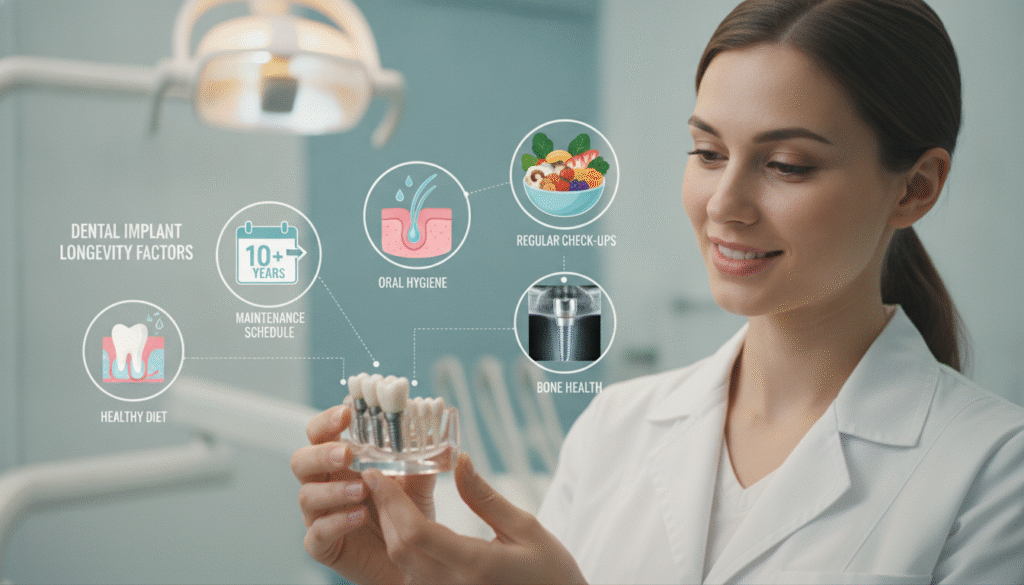 A detailed illustration showcasing factors affecting dental implant longevity. In the foreground, a confidently smiling dental professional in a crisp white coat holds a dental implant model, examining it with focus. In the middle ground, various visuals such as a calendar with time markers, healthy gums, an X-ray image of a dental implant, and nutrient-rich foods suggest long-lasting oral health. The background is softly blurred to evoke a clean, modern dental clinic atmosphere with soothing colors and gentle lighting from overhead fixtures. The scene conveys professionalism and trust, emphasizing the importance of care, maintenance, and the right lifestyle choices for sustaining dental implants. The composition uses a shallow depth of field, highlighting the subject in sharp focus while creating a warm, inviting mood. A detailed illustration showcasing factors affecting dental implant longevity. In the foreground, a confidently smiling dental professional in a crisp white coat holds a dental implant model, examining it with focus. In the middle ground, various visuals such as a calendar with time markers, healthy gums, an X-ray image of a dental implant, and nutrient-rich foods suggest long-lasting oral health. The background is softly blurred to evoke a clean, modern dental clinic atmosphere with soothing colors and gentle lighting from overhead fixtures. The scene conveys professionalism and trust, emphasizing the importance of care, maintenance, and the right lifestyle choices for sustaining dental implants. The composition uses a shallow depth of field, highlighting the subject in sharp focus while creating a warm, inviting mood.