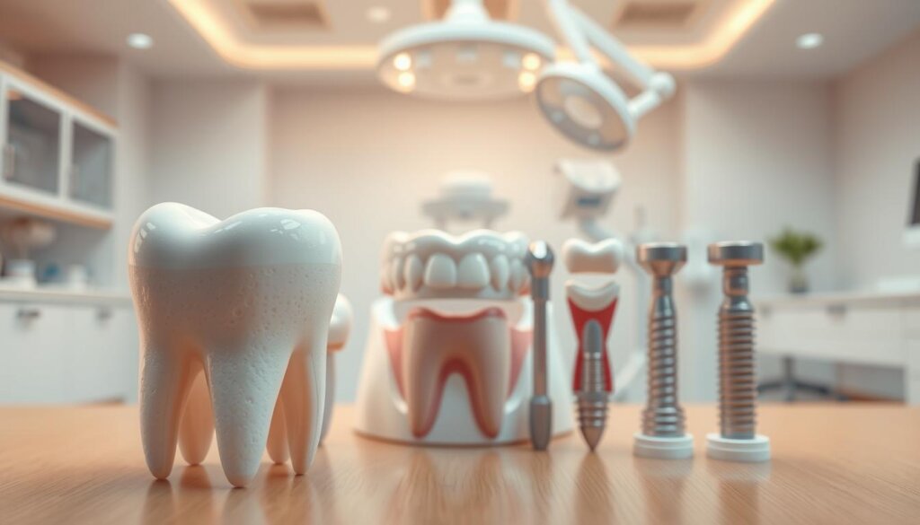 A detailed illustration showcasing tooth restoration alternatives. In the foreground, a high-resolution close-up view of a tooth, its surface textures and contours meticulously captured. Behind it, a middle ground displaying various dental prosthetics such as dental crowns, bridges, veneers, and implants, all rendered with precise materials and lighting to convey their realistic appearance. In the background, a softly blurred dental clinic setting, with clean white walls and modern medical equipment, projecting a sense of professionalism and care. The overall scene is bathed in warm, directional lighting, creating depth and highlighting the intricate details of the dental restorations, while maintaining a soothing, clinical atmosphere.