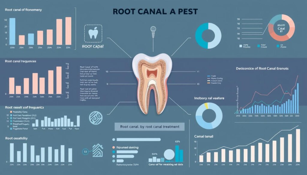 A detailed medical diagram showcasing the frequency of root canal treatments. A central image depicts a human tooth in cross-section, revealing the intricate anatomy of the root canal system. Surrounding this central focus are various data visualizations, such as bar graphs, pie charts, and line graphs, illustrating the statistical prevalence of root canal procedures across different demographics, age groups, and dental health conditions. The image is rendered with a clinical, scientific aesthetic, utilizing a muted color palette of blues, grays, and whites to convey a sense of medical authority and precision. Subtle lighting creates depth and highlights the textural details of the various elements, while a uniform, well-organized layout ensures a clear and informative visual presentation.
