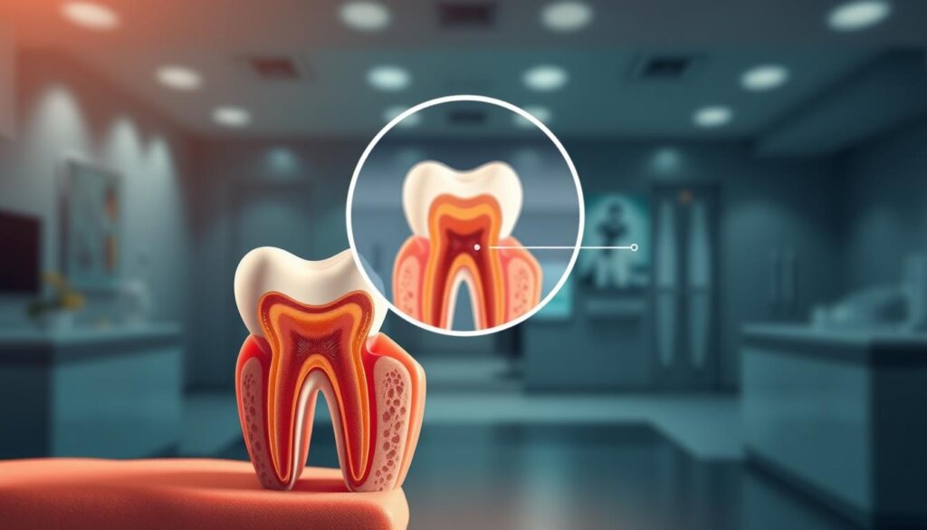 A detailed medical illustration depicting the benefits of dental extraction. In the foreground, a human tooth is shown in cross-section, highlighting the inner structures and the process of extraction. The middle ground features a magnified view of the tooth socket, showcasing the natural healing process and bone regeneration. In the background, a serene and clinical environment with subtle lighting, conveying a sense of professionalism and care. The overall mood is informative and educational, emphasizing the importance of this dental procedure in maintaining oral health.