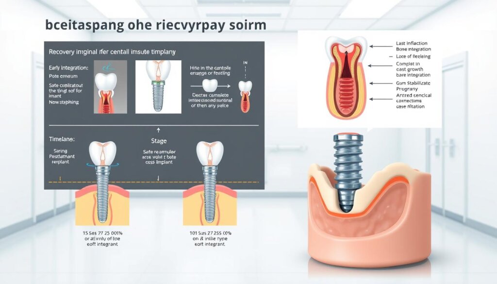 A detailed medical illustration depicting the recovery timeline after dental implant surgery. The foreground shows a cross-section of a human jaw, highlighting the progression of bone integration and soft tissue healing around the implant over several stages, from initial placement to complete osseointegration. The middle ground features anatomical diagrams and timelines annotating the key milestones, such as early inflammation, bone growth, and gum stabilization. The background has a clean, sterile medical setting with minimalist lighting, creating a sense of clinical professionalism and scientific objectivity.