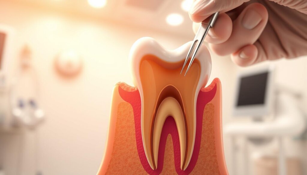 A detailed medical illustration of a root canal treatment procedure. The foreground depicts a cross-section of a human tooth, meticulously showing the inner pulp chamber and root canals being accessed by dental tools. The middle ground features a dentist's hand performing the procedure, using specialized endodontic instruments. The background is a clean, sterile medical environment with warm lighting and a subtle depth of field, conveying a sense of professionalism and medical expertise. The overall tone is informative and educational, aimed at clearly illustrating the technical aspects of this common dental treatment.