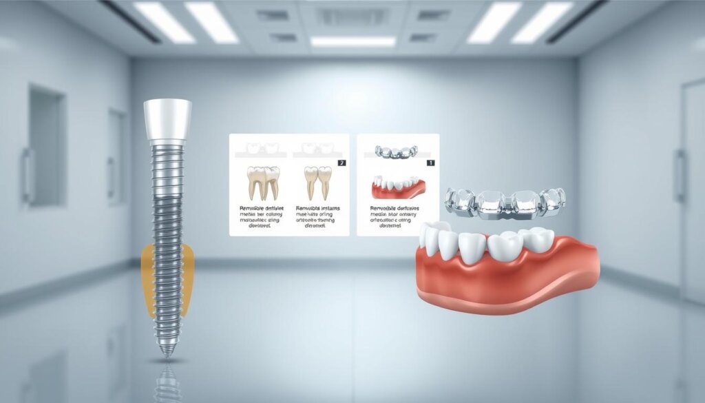 A detailed medical illustration showcasing a side-by-side comparison of dental implants and dentures. In the foreground, a cross-section of a dental implant anchored into the jawbone, contrasted with a removable denture plate resting on the gums. The middle ground features labeled diagrams highlighting the key structural differences, materials, and attachment mechanisms. In the background, a clean, minimalist medical environment with subtle lighting, conveying a sense of clinical precision and professionalism. The overall mood is informative, educational, and visually engaging, suitable for a comprehensive guide on dental implants.