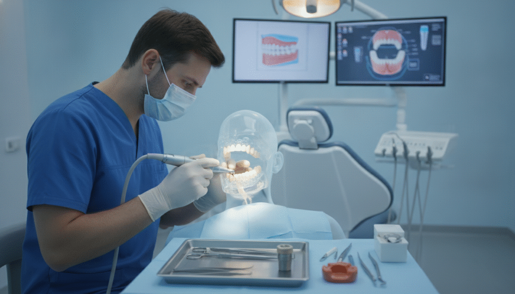 A detailed medical scene showcasing the process of dental implant placement following an extraction. In the foreground, a skilled dentist in a sterile environment, wearing professional attire, is carefully placing an implant into the jawbone of a ghosted human silhouette, highlighting precise technique. In the middle ground, dental tools and an extraction site are visible, showing the pristine condition of the surgery area illuminated by soft, clinical lighting that emphasizes cleanliness. In the background, a dental chair and monitors display dental diagrams, creating an atmosphere of professionalism and care. The image should have a clear focus on the dental work, capturing the tension and precision in a calm, reassuring environment. The colors should be a soft blend of blues and whites to instill a sense of tranquility and professionalism. A detailed medical scene showcasing the process of dental implant placement following an extraction. In the foreground, a skilled dentist in a sterile environment, wearing professional attire, is carefully placing an implant into the jawbone of a ghosted human silhouette, highlighting precise technique. In the middle ground, dental tools and an extraction site are visible, showing the pristine condition of the surgery area illuminated by soft, clinical lighting that emphasizes cleanliness. In the background, a dental chair and monitors display dental diagrams, creating an atmosphere of professionalism and care. The image should have a clear focus on the dental work, capturing the tension and precision in a calm, reassuring environment. The colors should be a soft blend of blues and whites to instill a sense of tranquility and professionalism.
