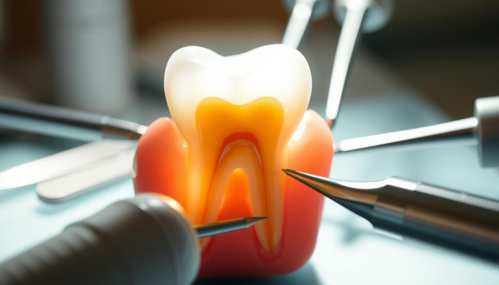 A detailed view of a tooth undergoing root canal treatment, illuminated by soft, diffuse lighting that casts gentle shadows. The foreground depicts the tooth's inner anatomy, with the pulp chamber and root canals clearly visible. The middle ground showcases the dental tools and instruments used during the procedure, such as endodontic files, dental mirrors, and the handpiece. The background is blurred, creating a sense of depth and focus on the treatment process. The overall mood is one of clinical precision and professionalism, conveying the expertise and care required for this common dental procedure.