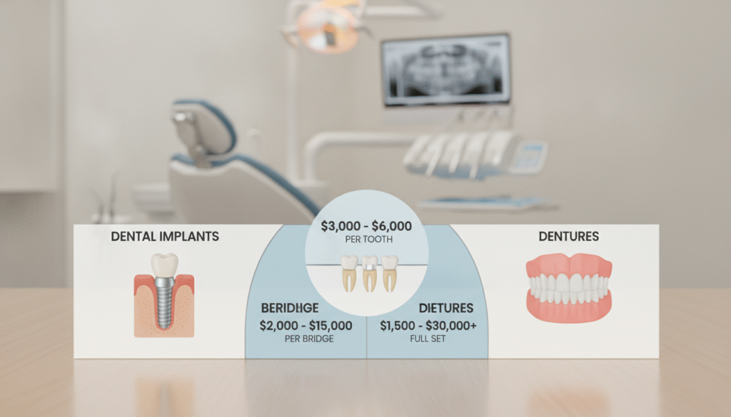 A detailed visual breakdown of dental prosthetics costs, focusing on dental implants, bridges, and dentures. In the foreground, display three distinct sections, each labeled to represent the different types: dental implants, bridges, and dentures. Use realistic illustrations of each prosthetic, providing a clear visual cue for their features. In the middle, include a cost comparison chart with numbers clearly highlighted, symbolizing the average costs for each type. The background should be a softly lit dental office setting, featuring dental tools and equipment, subtly emphasizing professionalism and care. Use a bright, neutral color palette to convey a clean, clinical atmosphere, ensuring the mood is informative yet approachable, captured from a slightly elevated angle to encompass all elements harmoniously. A detailed visual breakdown of dental prosthetics costs, focusing on dental implants, bridges, and dentures. In the foreground, display three distinct sections, each labeled to represent the different types: dental implants, bridges, and dentures. Use realistic illustrations of each prosthetic, providing a clear visual cue for their features. In the middle, include a cost comparison chart with numbers clearly highlighted, symbolizing the average costs for each type. The background should be a softly lit dental office setting, featuring dental tools and equipment, subtly emphasizing professionalism and care. Use a bright, neutral color palette to convey a clean, clinical atmosphere, ensuring the mood is informative yet approachable, captured from a slightly elevated angle to encompass all elements harmoniously.