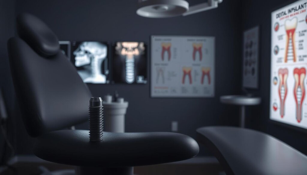 A dimly lit medical examination room, with a dentist's chair in the foreground. On the chair, a detailed close-up of a dental implant, its titanium components and screw-like structure visible. In the middle ground, a series of x-ray images showcasing the bone density and structure of a patient's jaw. In the background, medical diagrams and charts illustrating factors that impact dental implant eligibility, such as gum health, jaw bone density, and overall oral hygiene. Subtle, muted colors convey a sense of seriousness and professionalism. Soft, directional lighting casts shadows that accentuate the three-dimensional nature of the medical equipment and imagery.