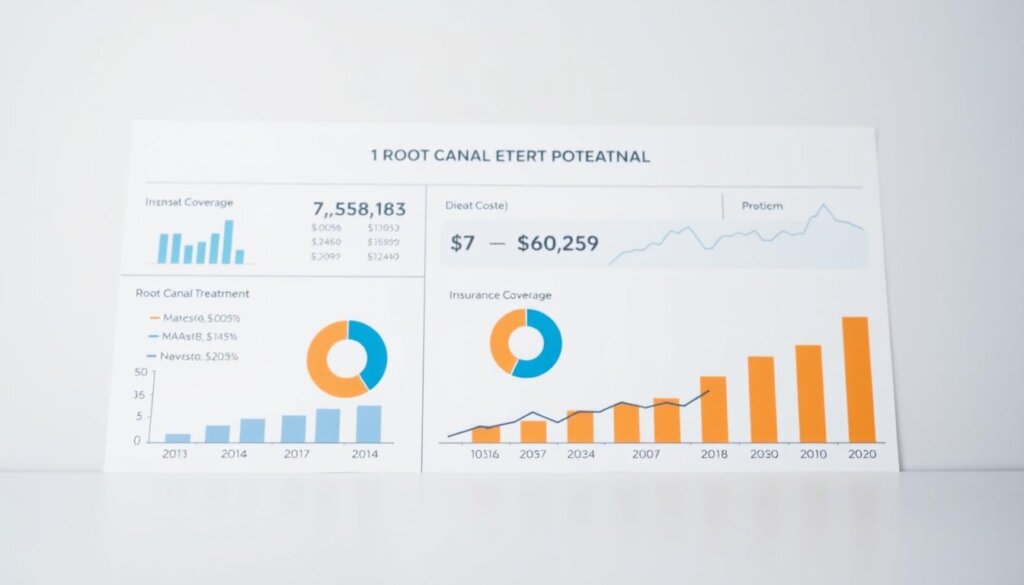 A financial graph displaying the costs and insurance coverage associated with root canal treatment, set against a clean, professional backdrop. The graph features clear data visualizations, with bar charts, pie charts, and line graphs showcasing the key financial metrics. The foreground is well-lit, with a soft, directional light source illuminating the graph elements. The background is a subtle, muted gradient, allowing the financial data to take center stage. The overall mood is one of informative clarity, guiding the viewer through the complex financial aspects of root canal procedures.