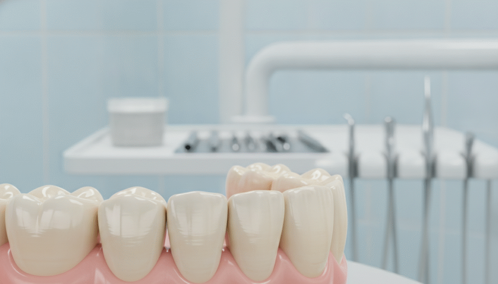 A highly detailed close-up view of a dental bridge seamlessly integrated with adjacent healthy teeth in a clinical dental setting. The foreground focuses on the bridge, showcasing the precision and craftsmanship of the dental work, with natural tooth textures and subtle shading reflecting light. The middle ground features perfectly aligned adjacent teeth, emphasizing their health and stability. The background is softly blurred, depicting a modern dental office with sterile instruments and a soothing color palette of light blues and whites, enhancing the professional atmosphere. The lighting is bright yet soft, spotlighting the dental bridge while maintaining a calm and informative mood, inviting viewers to understand its purpose and role in dental health. A highly detailed close-up view of a dental bridge seamlessly integrated with adjacent healthy teeth in a clinical dental setting. The foreground focuses on the bridge, showcasing the precision and craftsmanship of the dental work, with natural tooth textures and subtle shading reflecting light. The middle ground features perfectly aligned adjacent teeth, emphasizing their health and stability. The background is softly blurred, depicting a modern dental office with sterile instruments and a soothing color palette of light blues and whites, enhancing the professional atmosphere. The lighting is bright yet soft, spotlighting the dental bridge while maintaining a calm and informative mood, inviting viewers to understand its purpose and role in dental health.