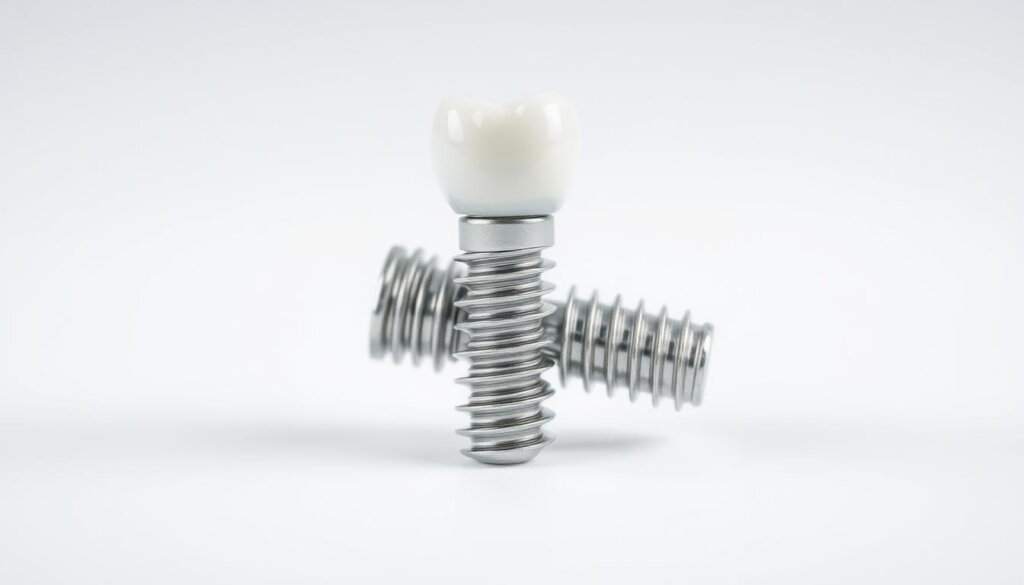 A highly detailed, macro close-up view of the individual components that make up a dental implant. The implant is shown in a crisp, well-lit, and evenly-illuminated setting, allowing for a clear examination of its intricate details. The titanium implant post, abutment, and crown are arranged in a precise, anatomical layout, showcasing their precise engineering and construction. The image has a clean, clinical aesthetic, with a neutral background that allows the implant parts to take center stage. The lighting is soft and diffused, creating subtle shadows that accentuate the implant's contours and textures. The depth of field is shallow, keeping the focal point sharp on the implant while gently blurring the background.